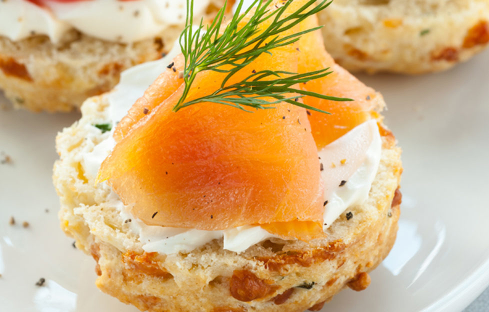 Savoury scones topped with smoked salmon