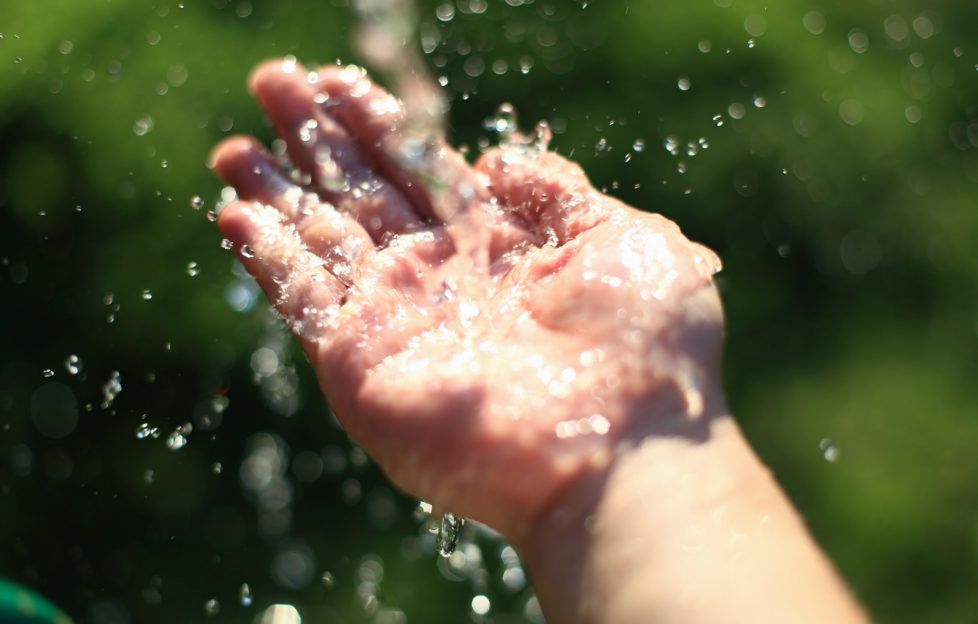 Close-up of a hand palm up to catch the running water in nature.