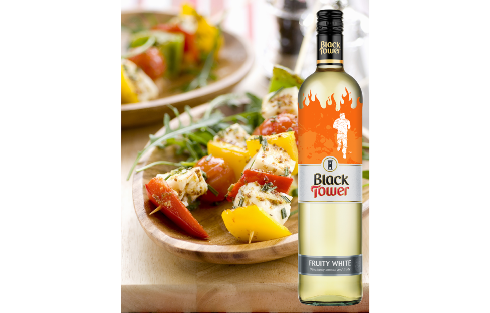Halloumi Skewers With Red And Yellow Peppers and Black Tower white wine