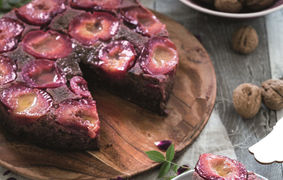 Walnut Chocolate and Plum Upside-Down Cake