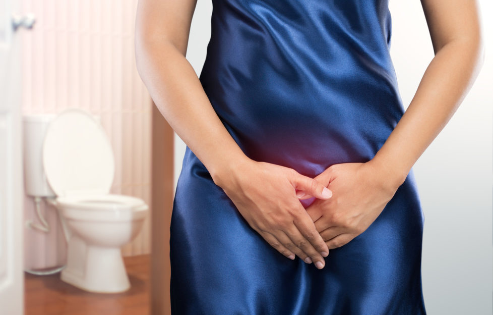 Woman with prostate problem in front of toilet bowl. Lady with hands holding her crotch, People wants to pee - urinary incontinence concept