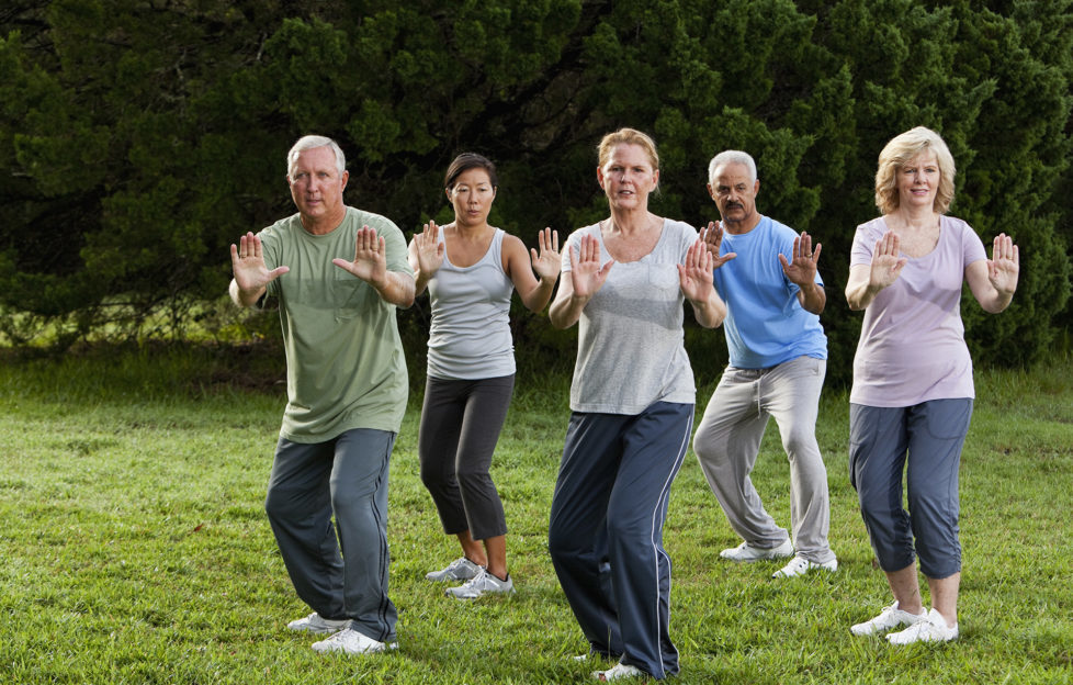 Multi-ethnic group of adults practicing tai chi in park.