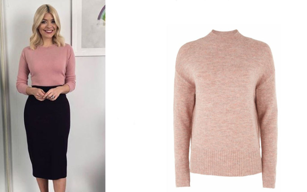 Holly Willoughby in Pink jumper tucked into skirt