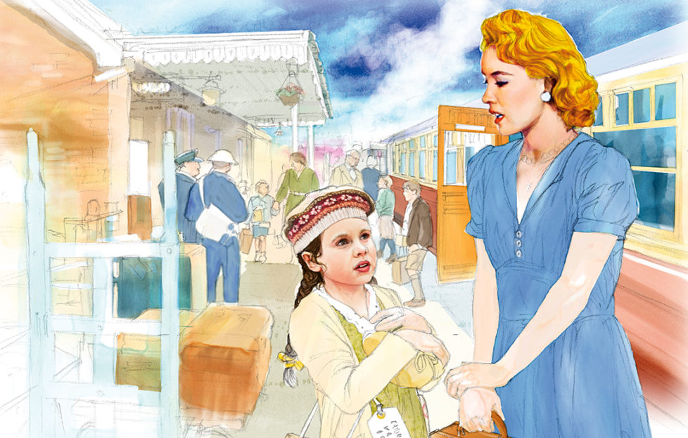 Girl at station with pretty lady in blue dress Illustration: Andre Leonard