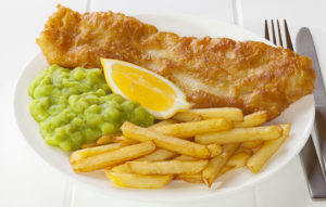 Fish, chips and mushy peas