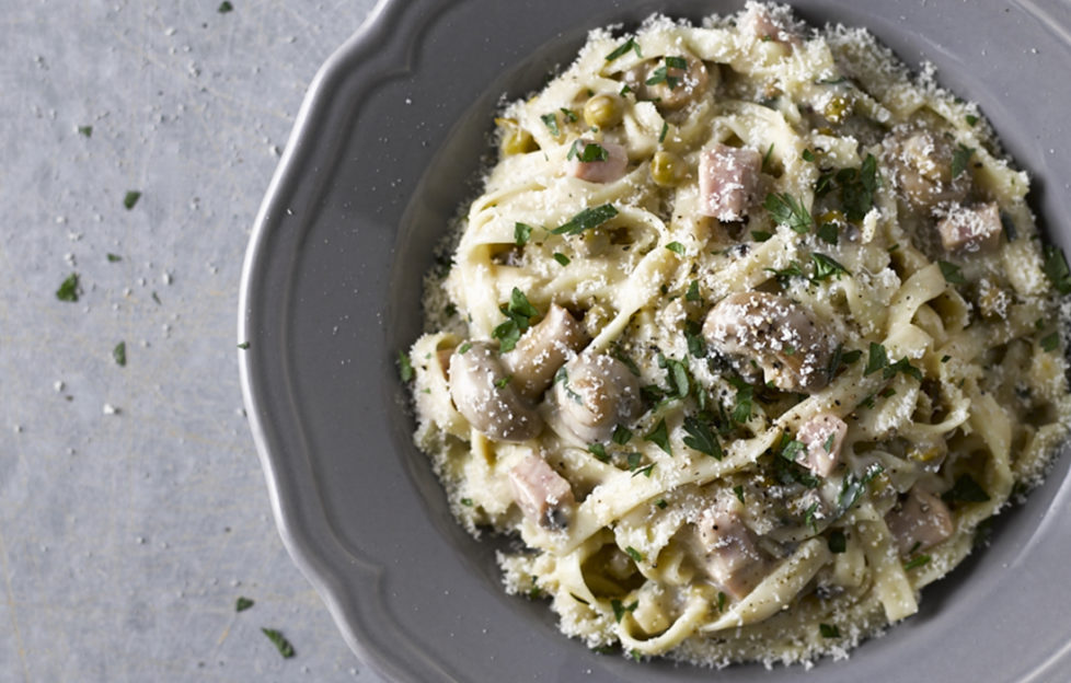 Bowl of tagliatelle pasta with creamy mushroom, bacon and parsley sauce