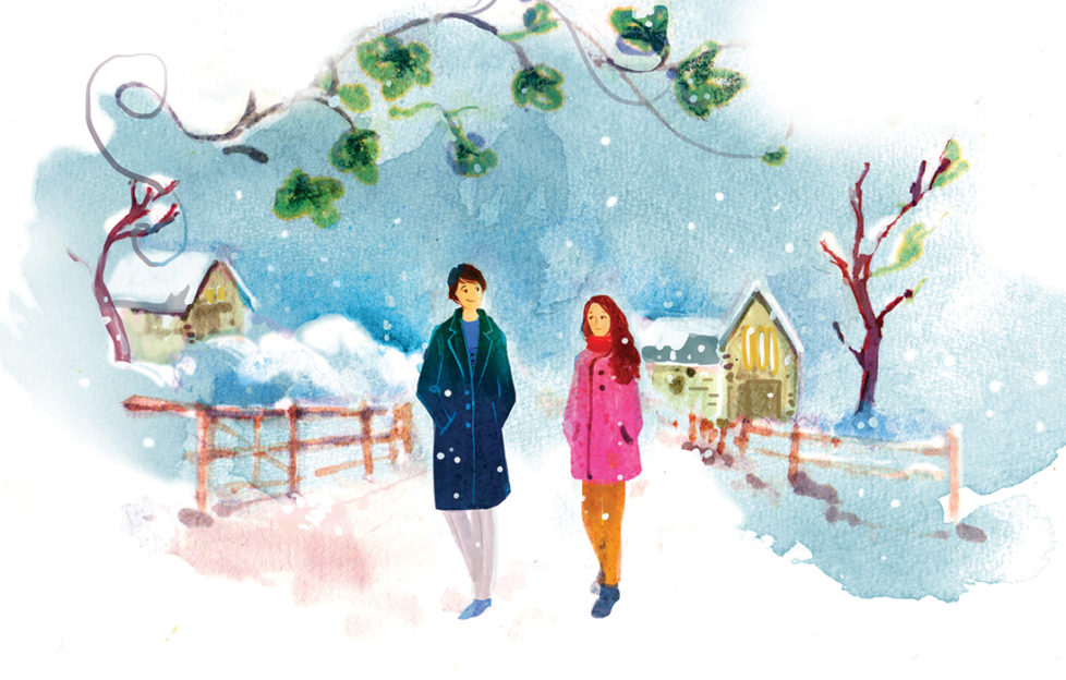 A couple walking in the snow Illustration: Celine Wong, www.artoflihua.com