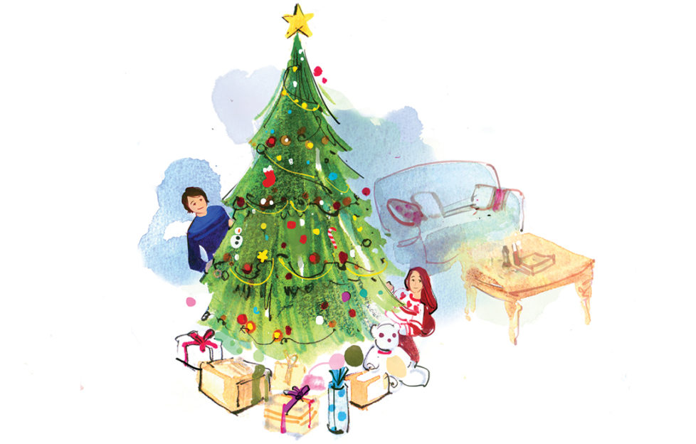 A man and woman behind a Christmas tree Illustration: Celine Wong, www.artoflihua.com