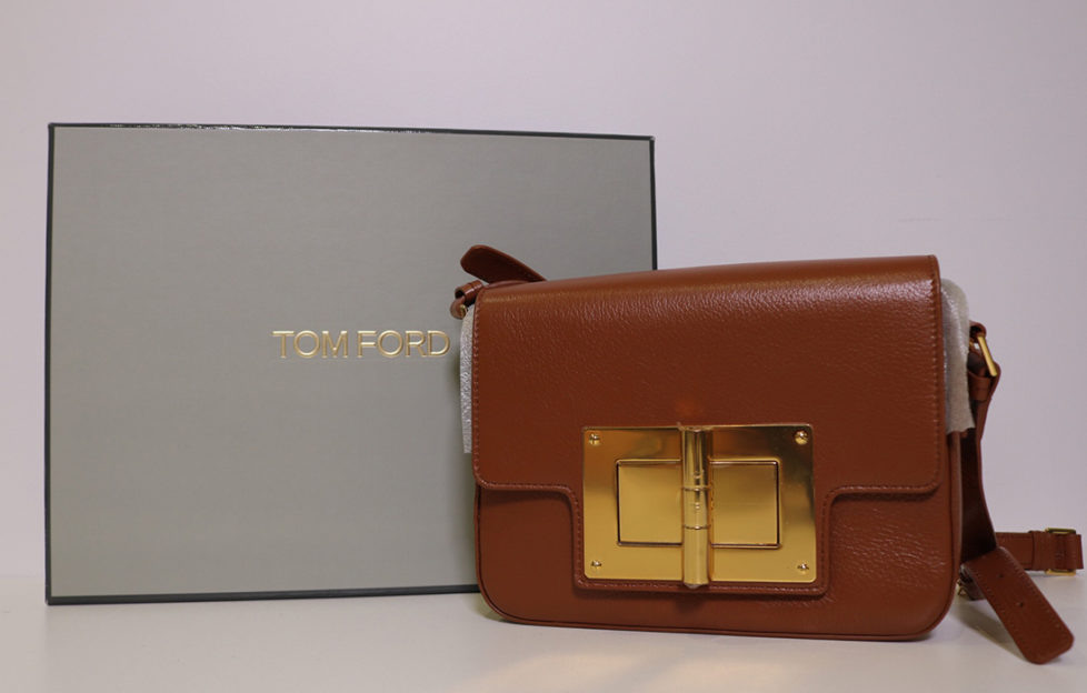 Tom Ford designer handbag, tan, square with large gold coloured hinge style buckle