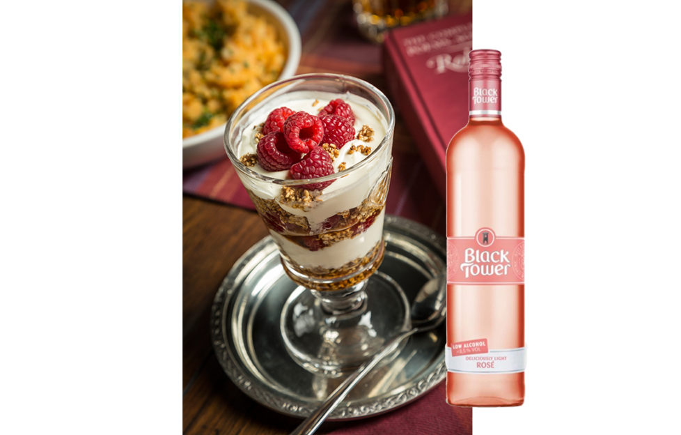 Cranachan dessert with a bottle of Black Tower's Deliciously Light Rose wine