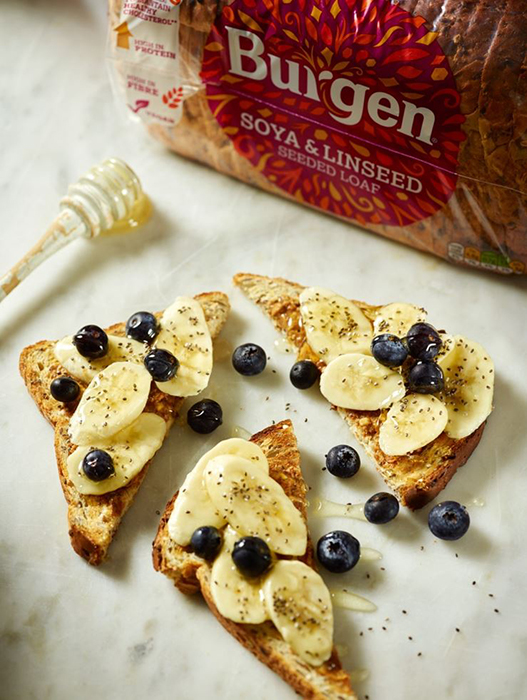 Toast spread with nut butter, sliced banana, blueberries, chia seeds and a drizzle of honey or maple syrup.