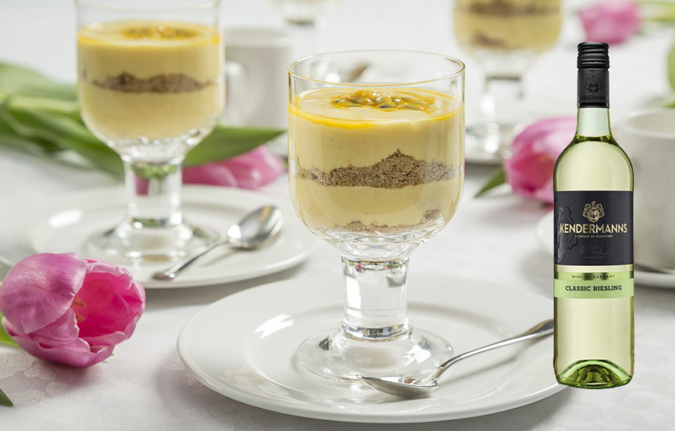 Mango cheesecake in a dessert glass with Classic Riesling