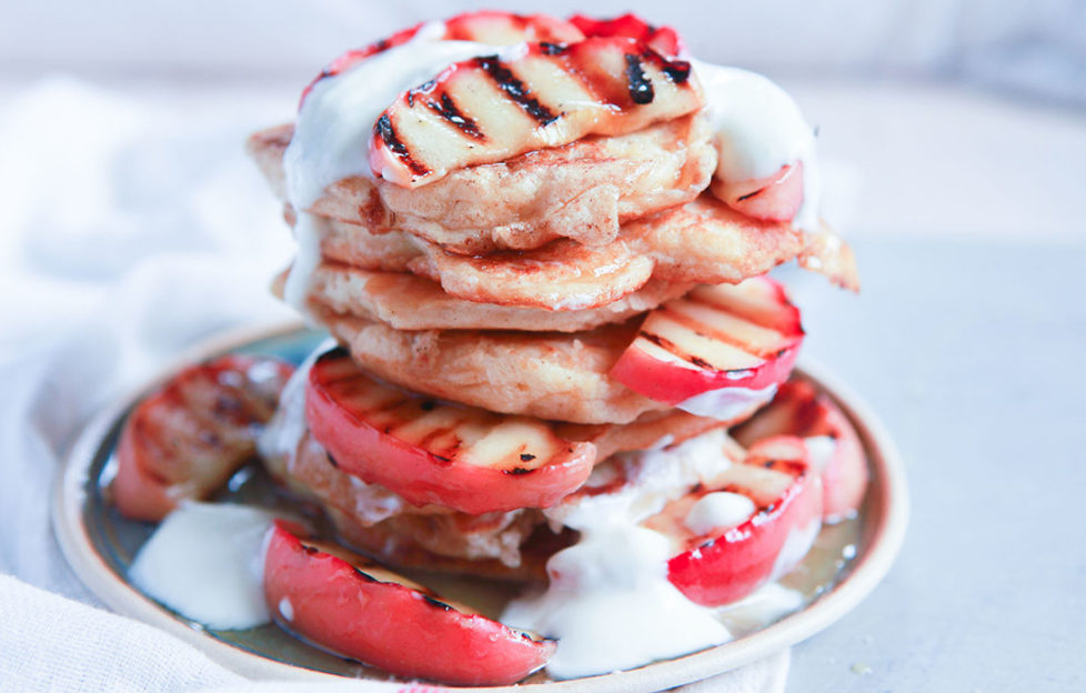 Ricotta and cinnamon pancakes with griddled Pink Lady apples and honey