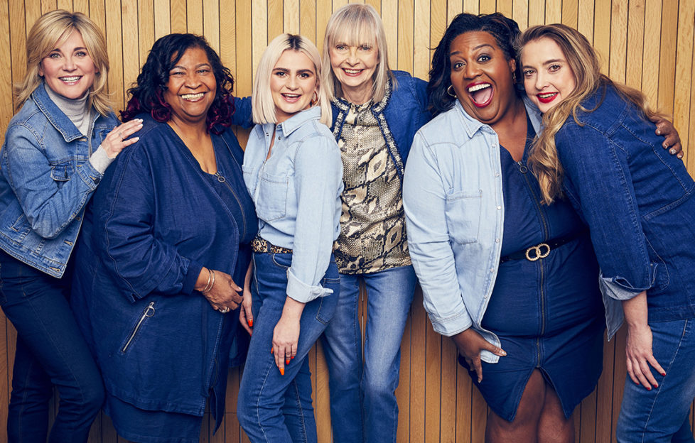 Anthea, Maria, Claudia, Jan, Alison and Daisy in blue denim clothes, all laughing