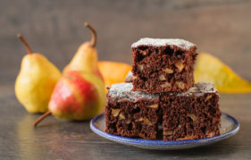 Chocolate pear cake cut into squares Pic: Istockphoto