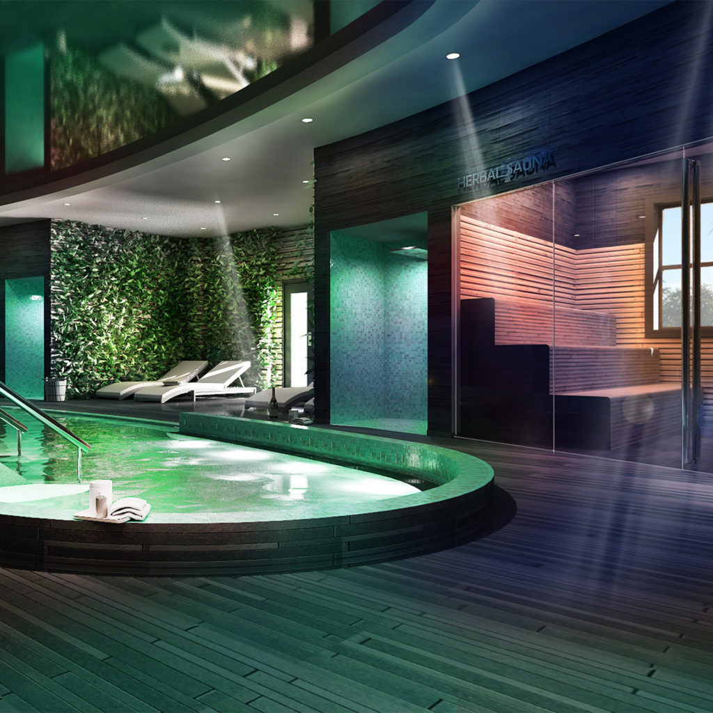 Modern indoor pool and sauna with mulri-coloured mood lighting at Ringwood Spa