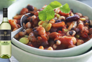 Bean veggie recipe with a bottle of Kendermanns Classic Riesling