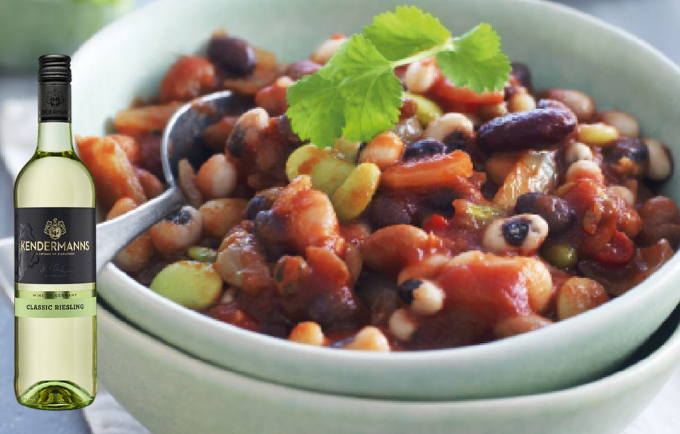 Bean veggie recipe with a bottle of Kendermanns Classic Riesling