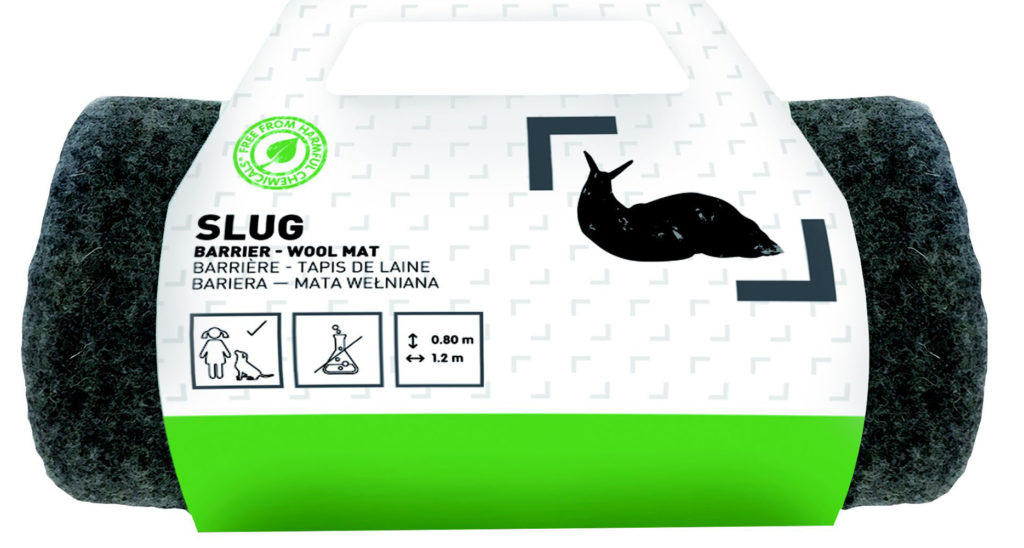 Black woollen slug repellent mat, rolled up in green and white packaging