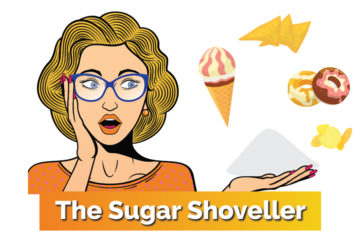 Cartoon of woman surrounded by sweet foods