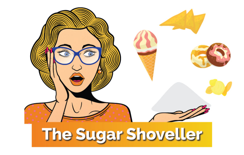 Cartoon of woman surrounded by sweet foods