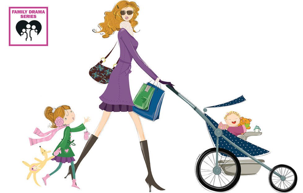 Family fiction Illustration of young mum in short purple coat, pushing child in buggy and talking to small girl running behind her