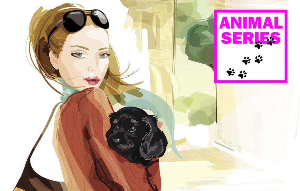 Illustration of a woman holding a black puppy. in a park, doggy romance story Illustration: Istockphoto