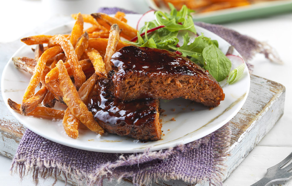 Vegan burger with sweet potato fries