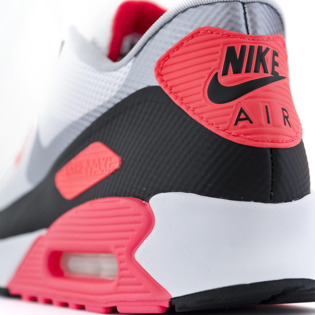 Close up of heel of Nike Air trainer, red, silver and black. Space tech originally from NASA