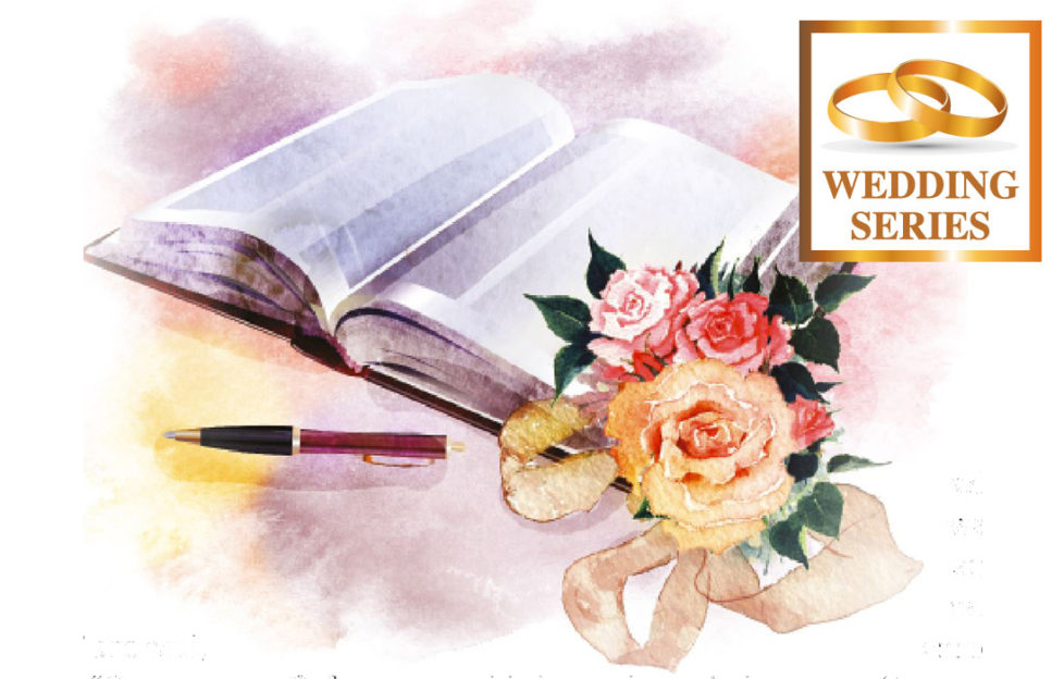 Painting of bouquet of peach/yellow roses, marriage register open for wedding witness to sign