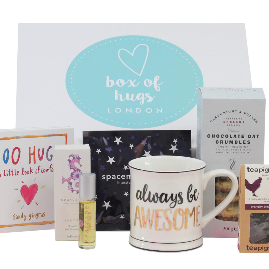 Contents of self care themed Box Of Hugs, listed in text