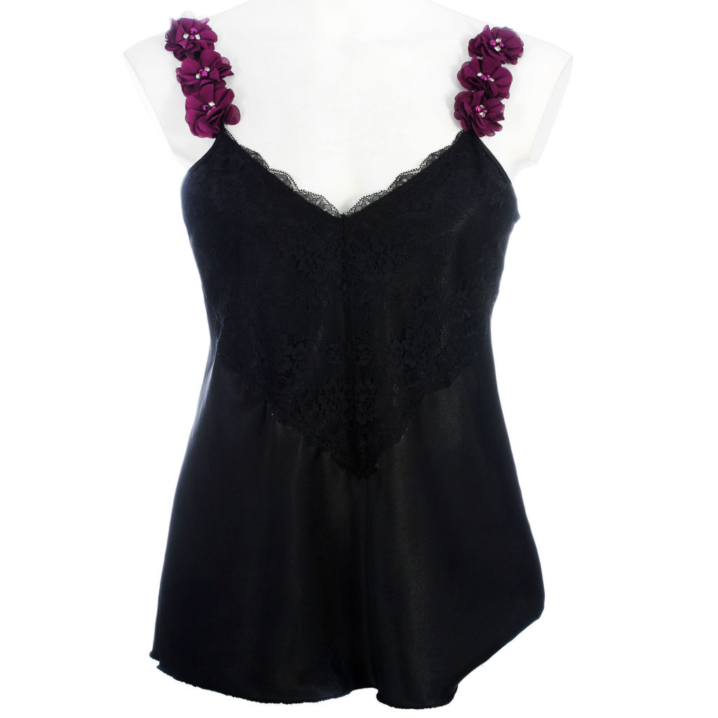 Black camisole top with flower decorated straps