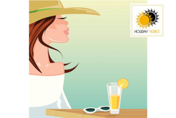 Woman in sunhat, glass of orange juice and sunglesses on cafe table in front of her, looking dreamily into distance