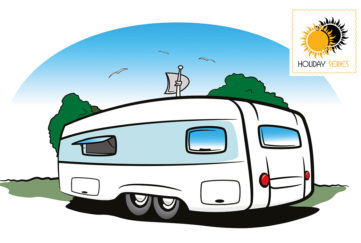 Cartoon of touring caravan parked in countryside