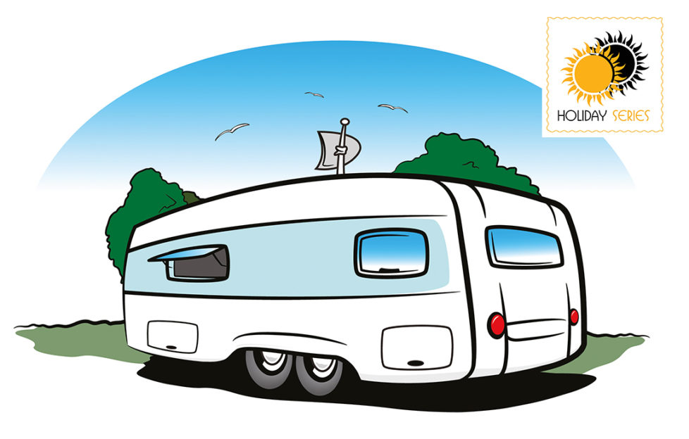 Cartoon of touring caravan parked in countryside
