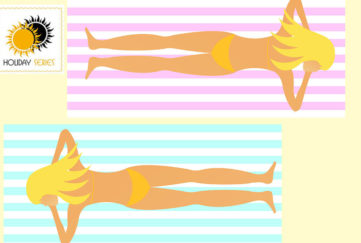 Digital illustration of 2 young girls, tanned, in yellow bikinis lying face down on striped beach towels,