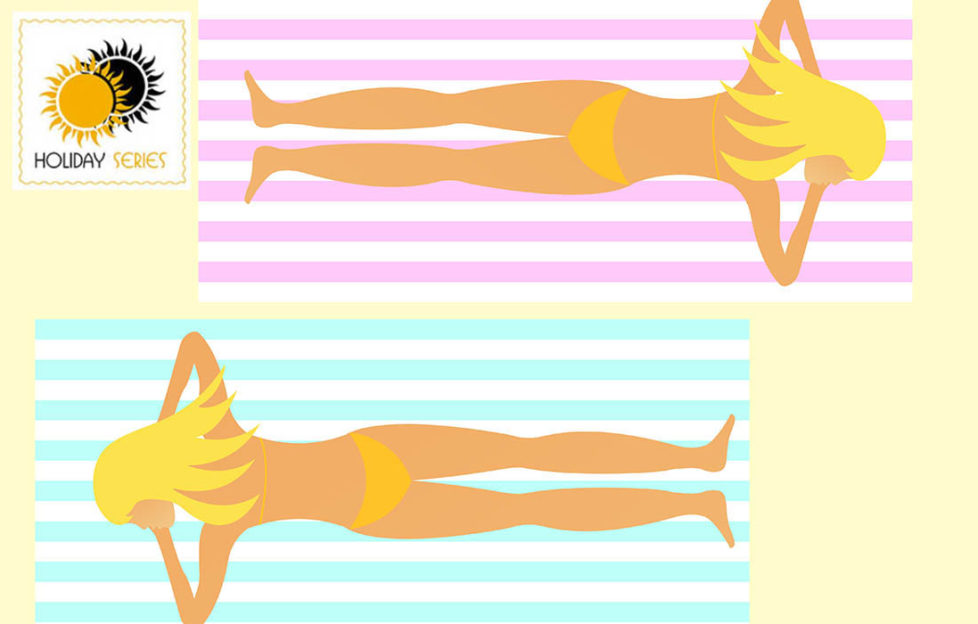 Digital illustration of 2 young girls, tanned, in yellow bikinis lying face down on striped beach towels,