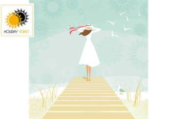 Woman in sunhat and white dress, standing at end of boardwalk looking out to sea, gulls flying