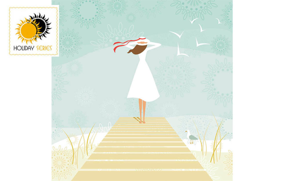 Woman in sunhat and white dress, standing at end of boardwalk looking out to sea, gulls flying