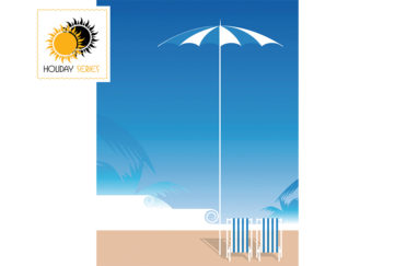 Digital illustration of sea, sky, blue and white umbrella and deckchairs
