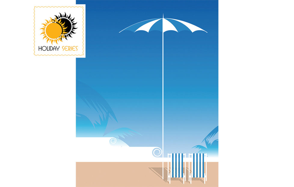Digital illustration of sea, sky, blue and white umbrella and deckchairs