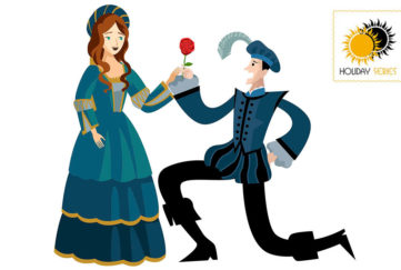 Digital cartoon of couple in Elizabethan dress, man kneeling, presenting woman with a red rose