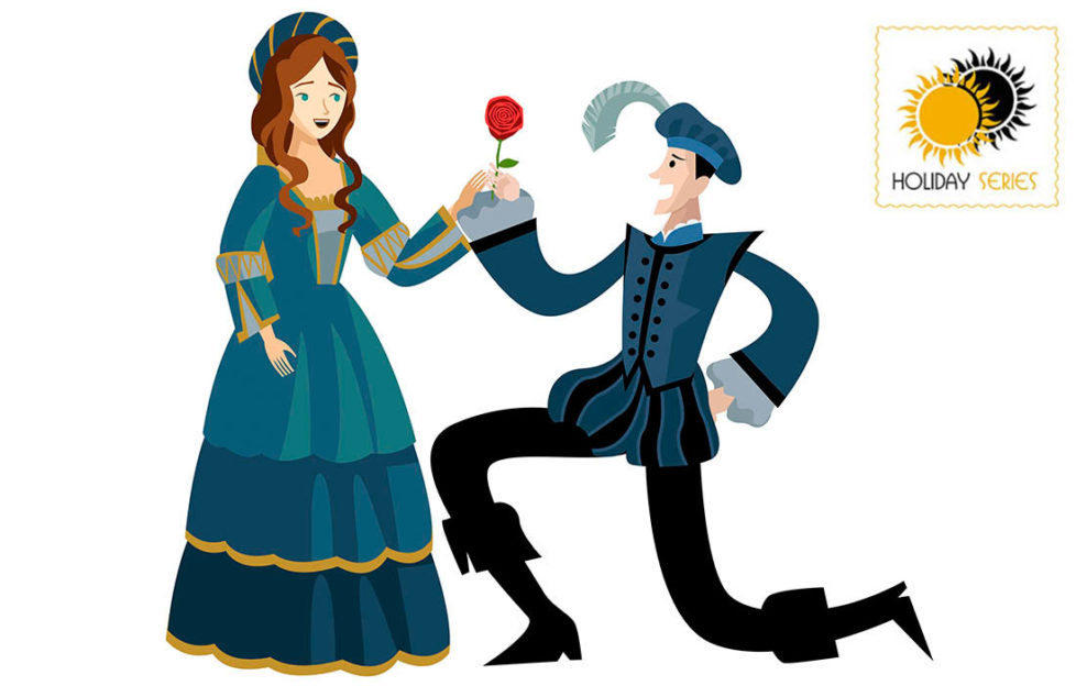 Digital cartoon of couple in Elizabethan dress, man kneeling, presenting woman with a red rose