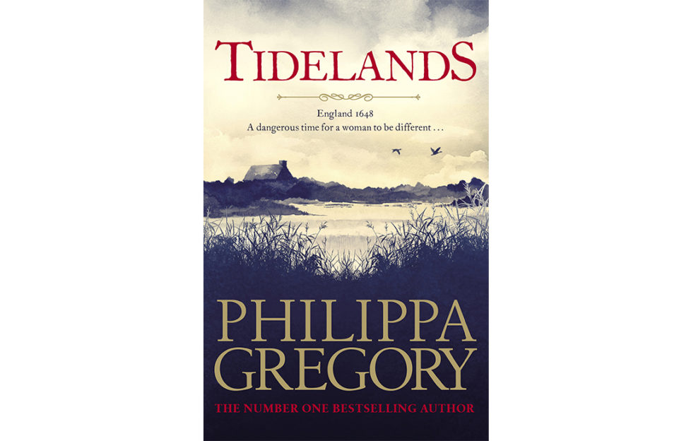 Cover of Tidelands - moody sepia painting looking through reeds to a lake, a cottage beyond and two swans flying