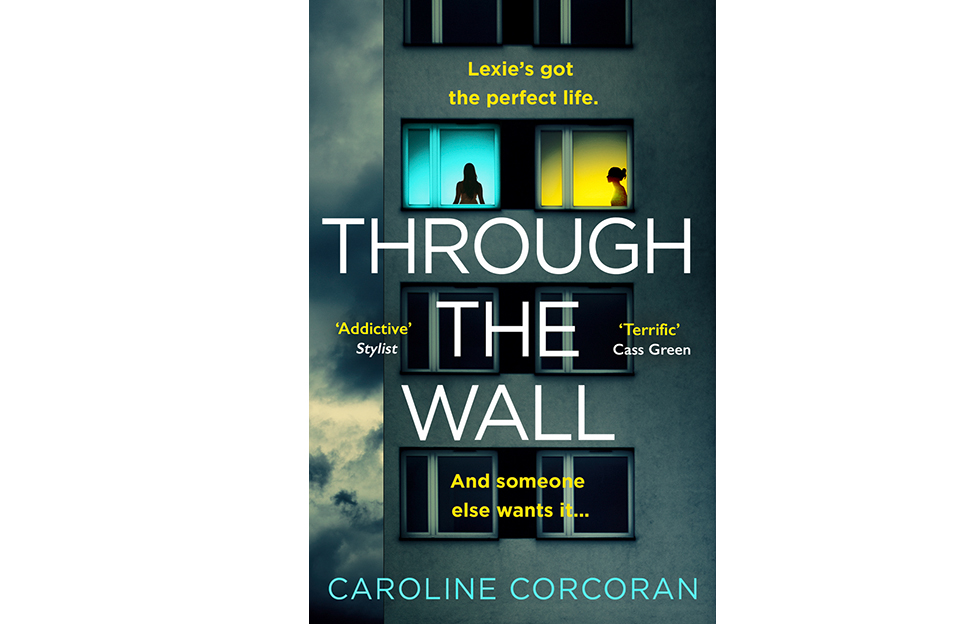 Cover of Through The Wall by Caroline Corcoran. Two women each silhouetted in lit windows of a tower block