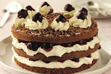 Black Cherry Gateau , three-layer sponge with cream and black cherry filling and topping