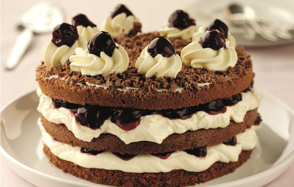 Black Cherry Gateau , three-layer sponge with cream and black cherry filling and topping