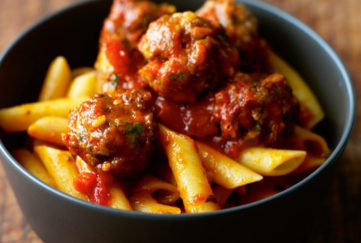 Bowl of meatballs, pasta and chunky cherry tomato sauce