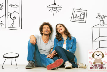 Young couple sitting against white wall, doodles of furniture and fittings in black pen around them, new neighbours