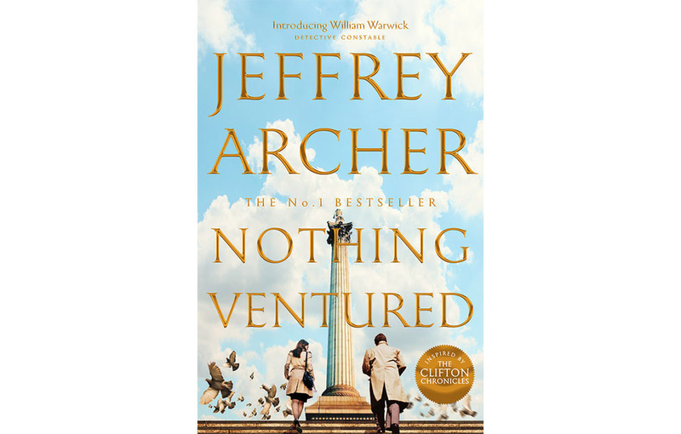 Cover of nothing ventured by jeffrey archer, businessman and woman walking up steps past monument on Roman column